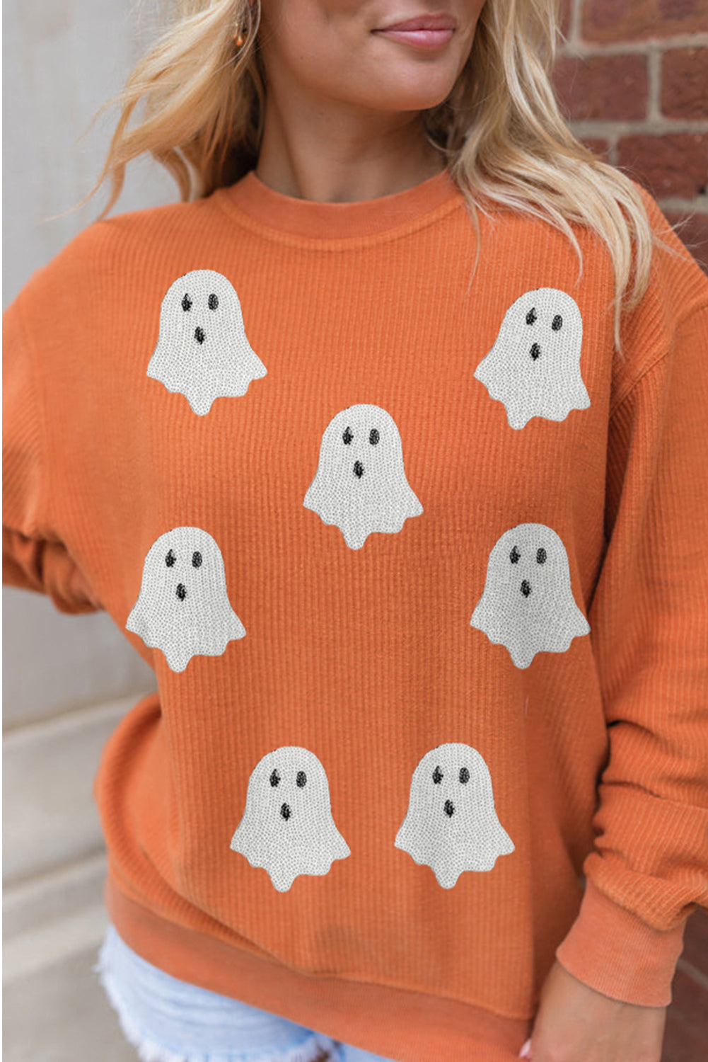 Twisted Ribbed Texture Halloween Ghost Sequin Patched Sweatshirt