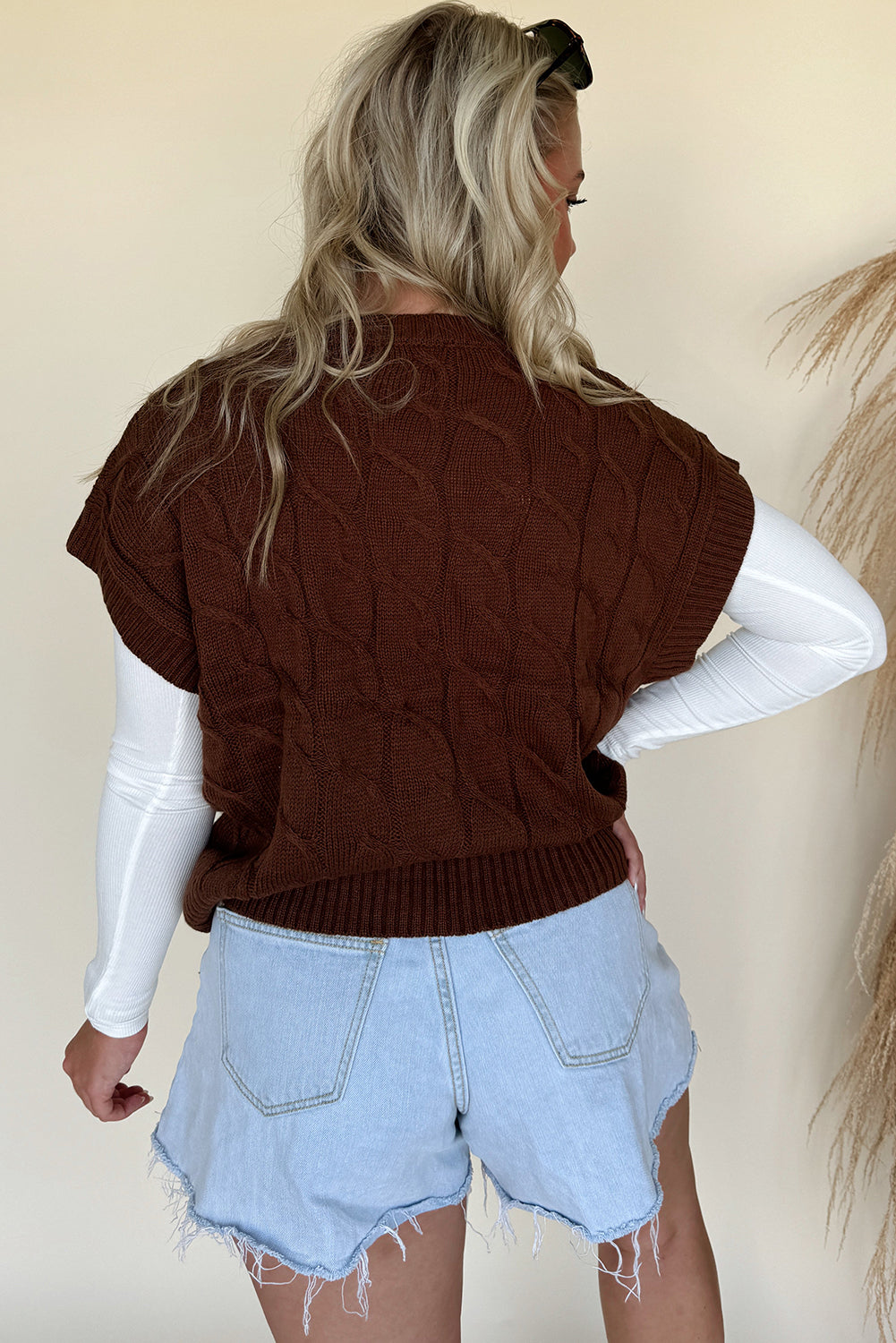 Cable Texture Crew Neck Short Sleeve Sweater Top