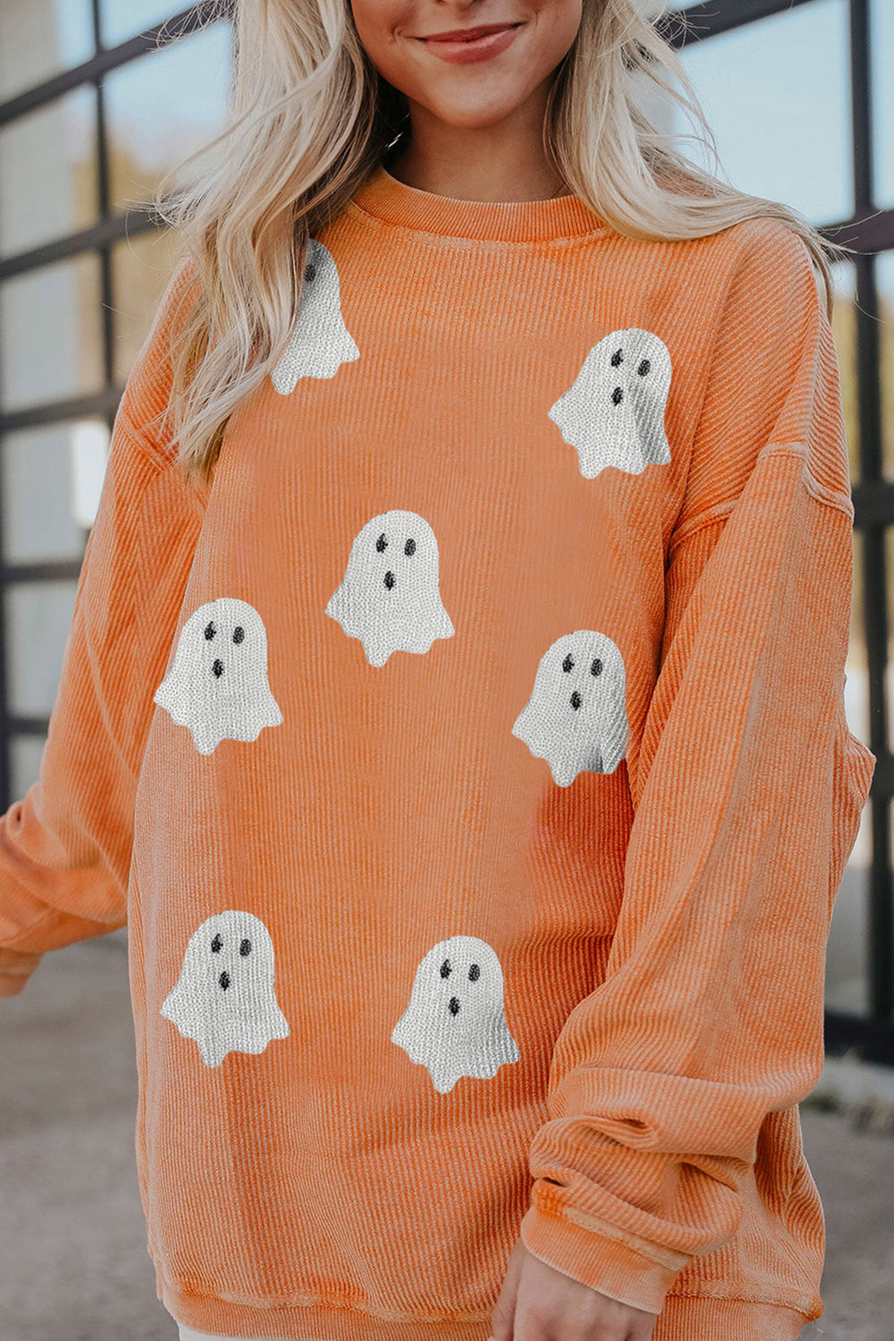 Twisted Ribbed Texture Halloween Ghost Sequin Patched Sweatshirt