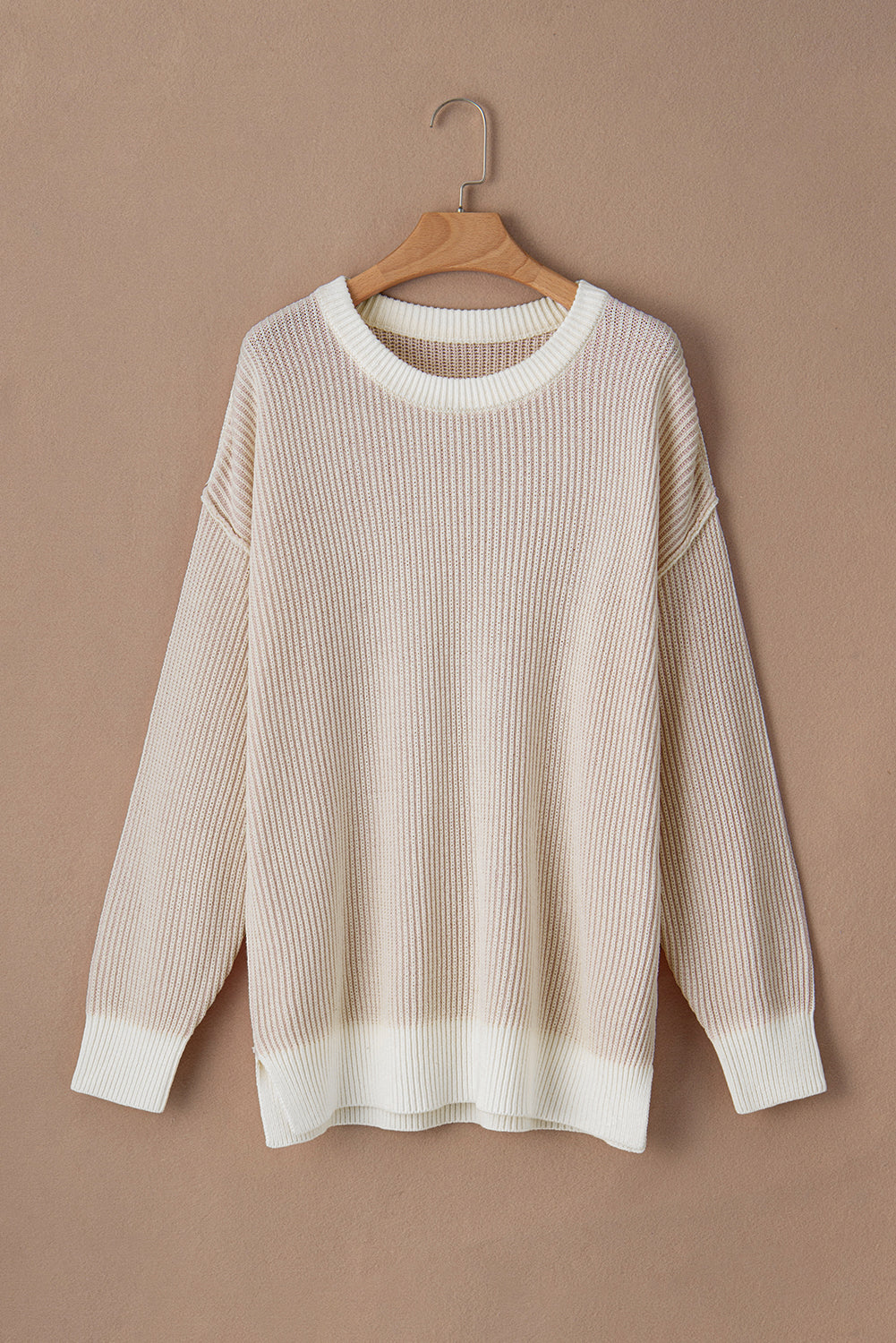 Plus Size Contrast Trim Crew Neck Rib Knit Drop Shoulder Sweater