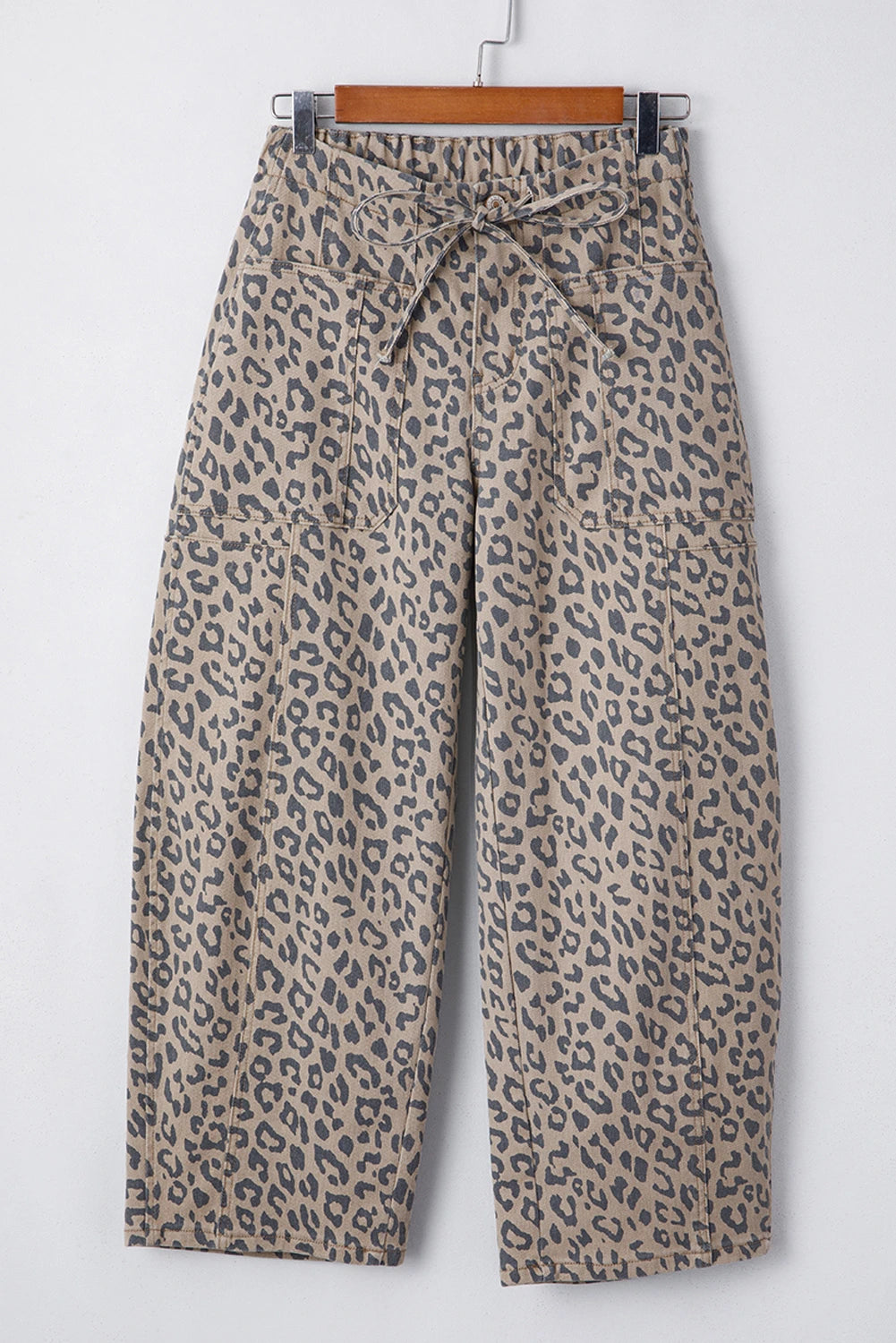 Leopard Drawstring Waist Pocketed Wide Leg Jeans