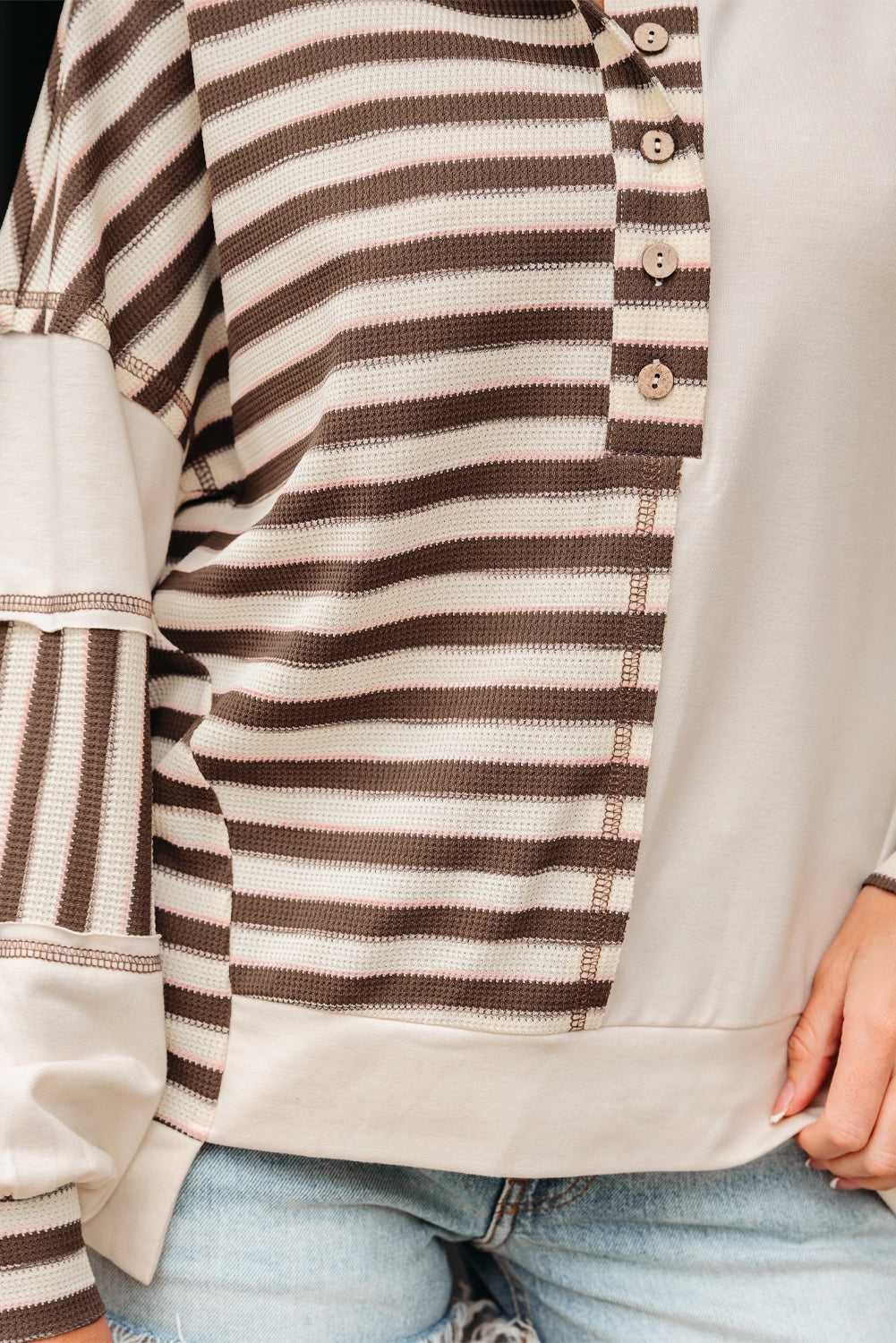 Stripe Stitched Detail Color Block Patchwork Oversized Pullover Top