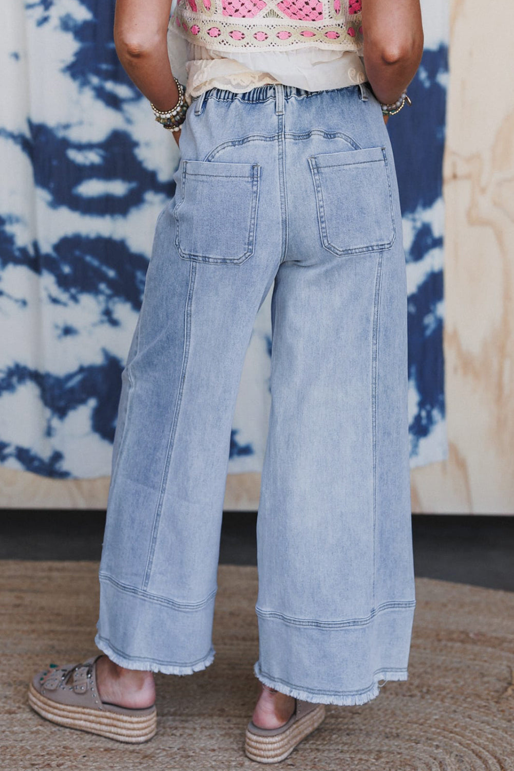 Drawstring Seam Detail Raw Hem Wide Leg Denim Pants