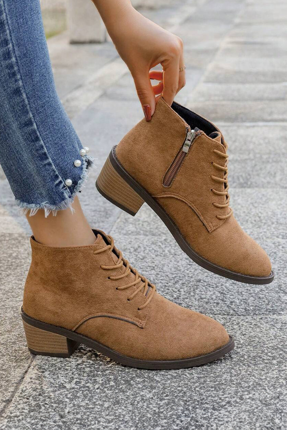 Faux Suede Zip Side Lacing Detail Ankle Boots