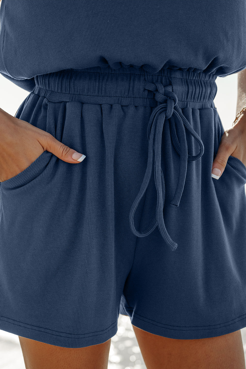 Open Back Cap Sleeve Drawstring Romper
