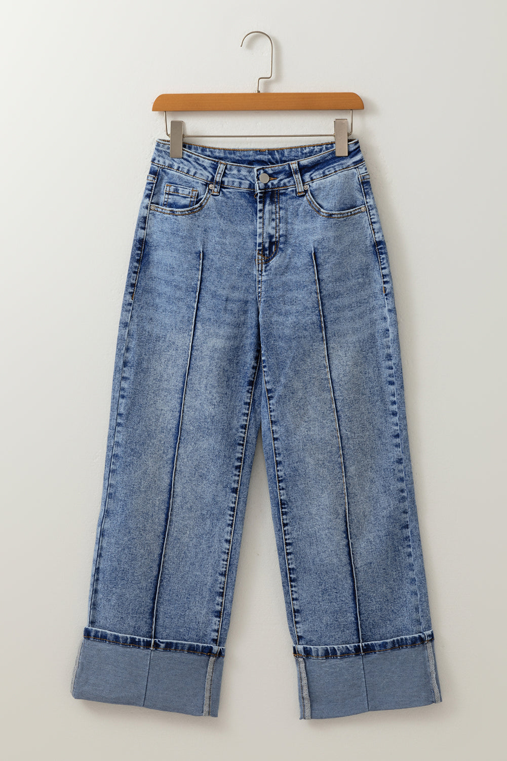 Center Seam Cuffed Hem Straight High Waist Jeans