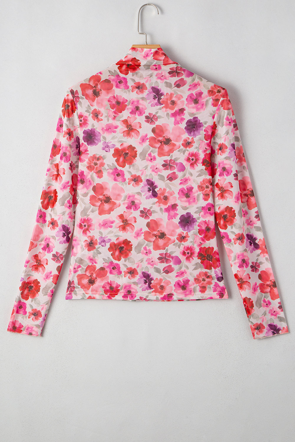 Floral Print Long Sleeve Slim Fit Mesh Top