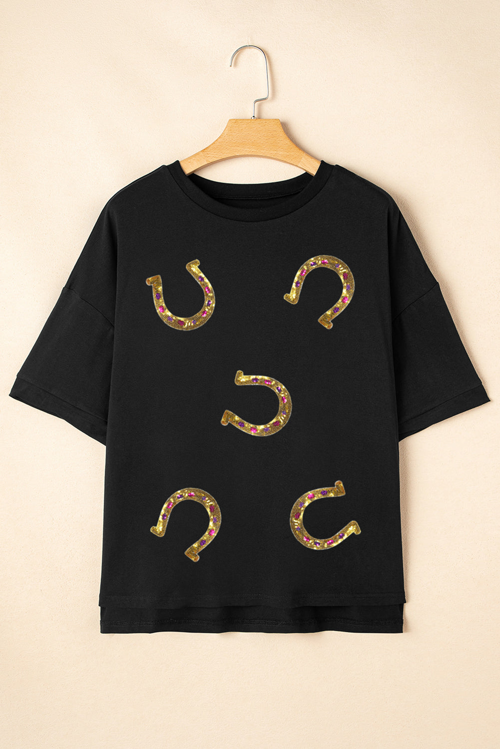 Western Shiny Horseshoes Pattern High Low Hem Casual T Shirt