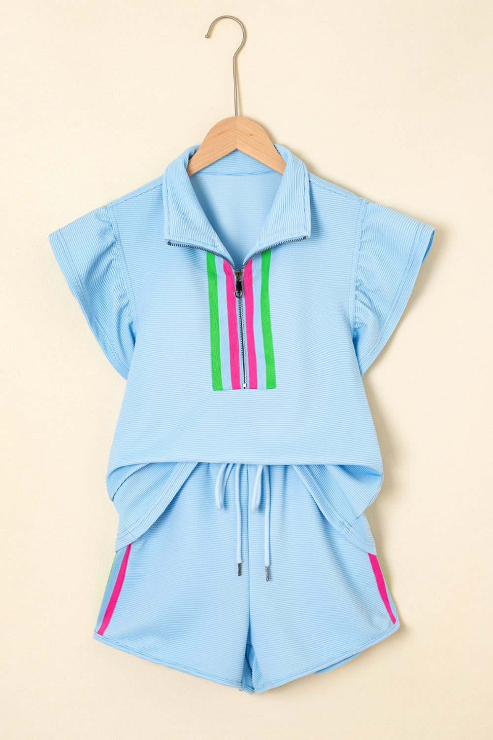 Striped Detail Flutter Sleeve Zipped Collar Short Set