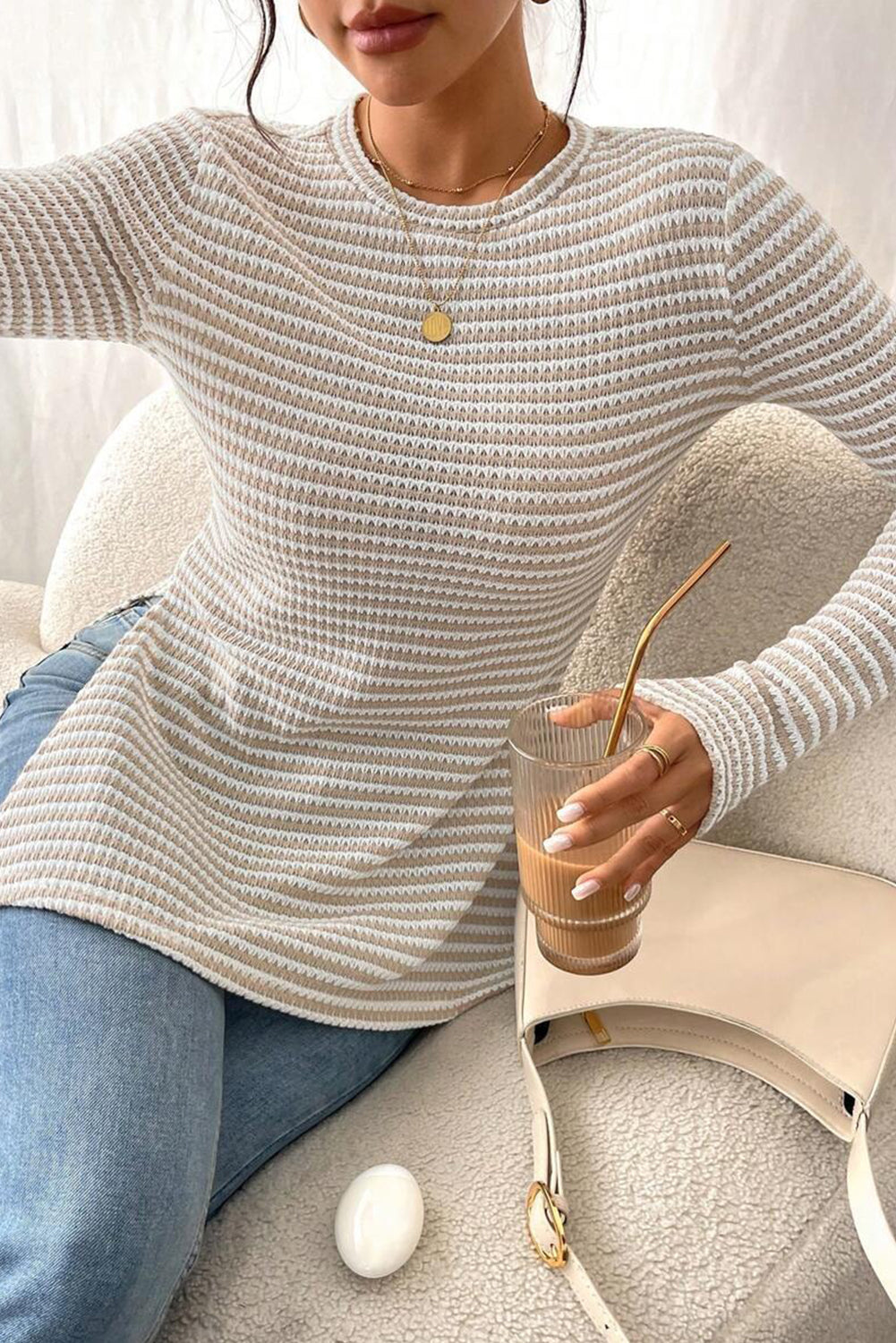 Striped Knit Side Slit Slim Round Neck Tunic Top