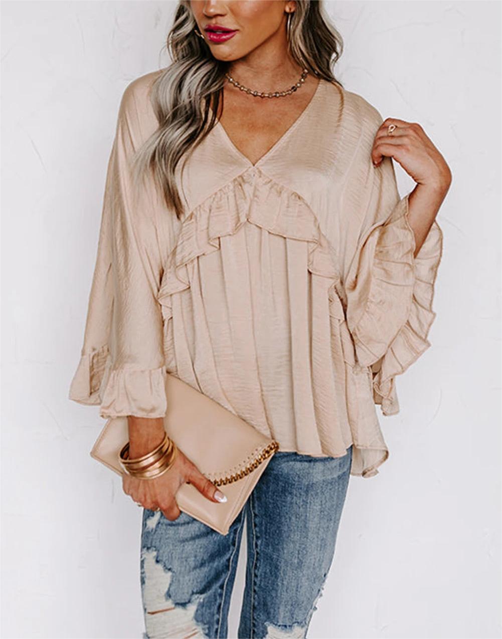 V Neck Pleated Sleeve Ruffle Top