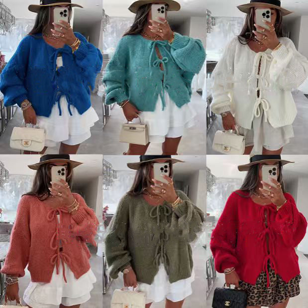 Women's Round Neck Lace-up Knitted Cardigan Sweater