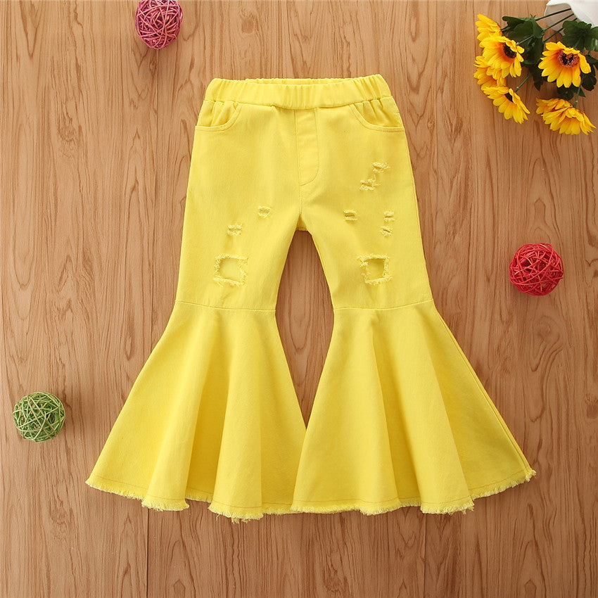 Fashionable Girls' Pink Ripped Flared Pants