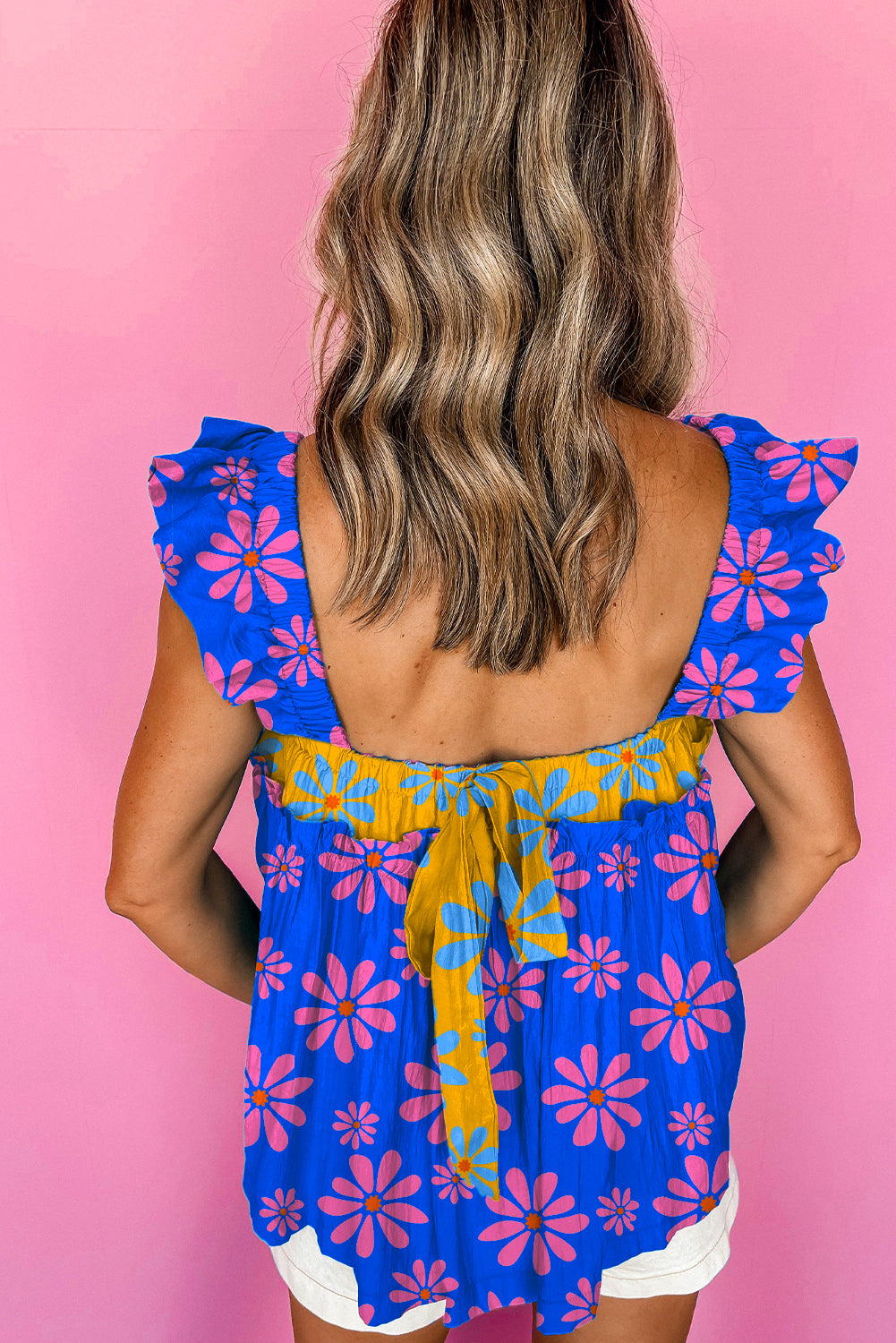 Floral Colorblock Flutter Straps Flowy Tank Top