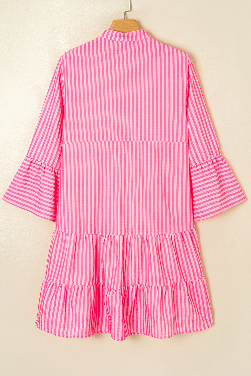 Stripe Flare Sleeve Half Placket Tiered Flowy Mini Dress