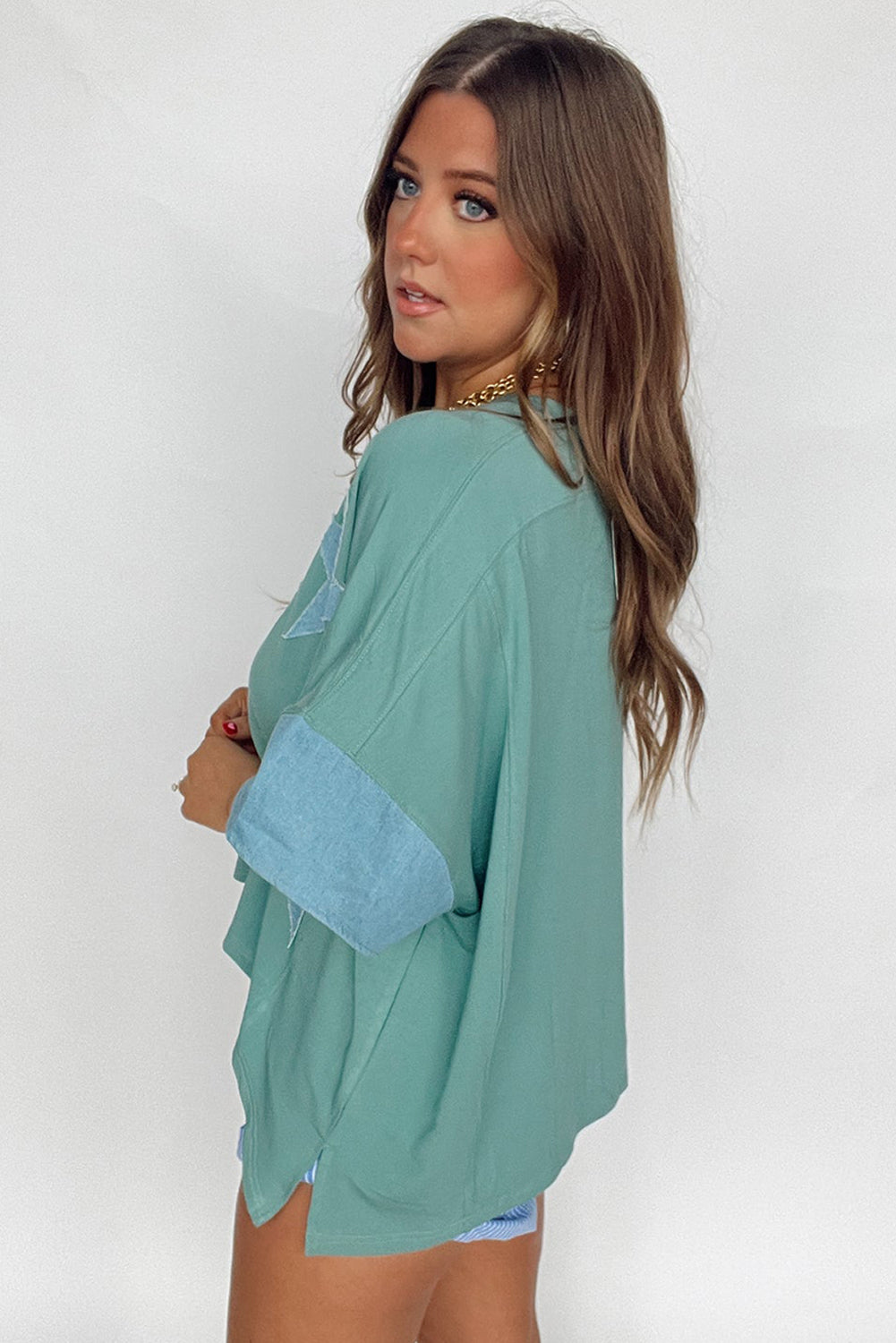 Frayed Denim Star Patched T Shirt