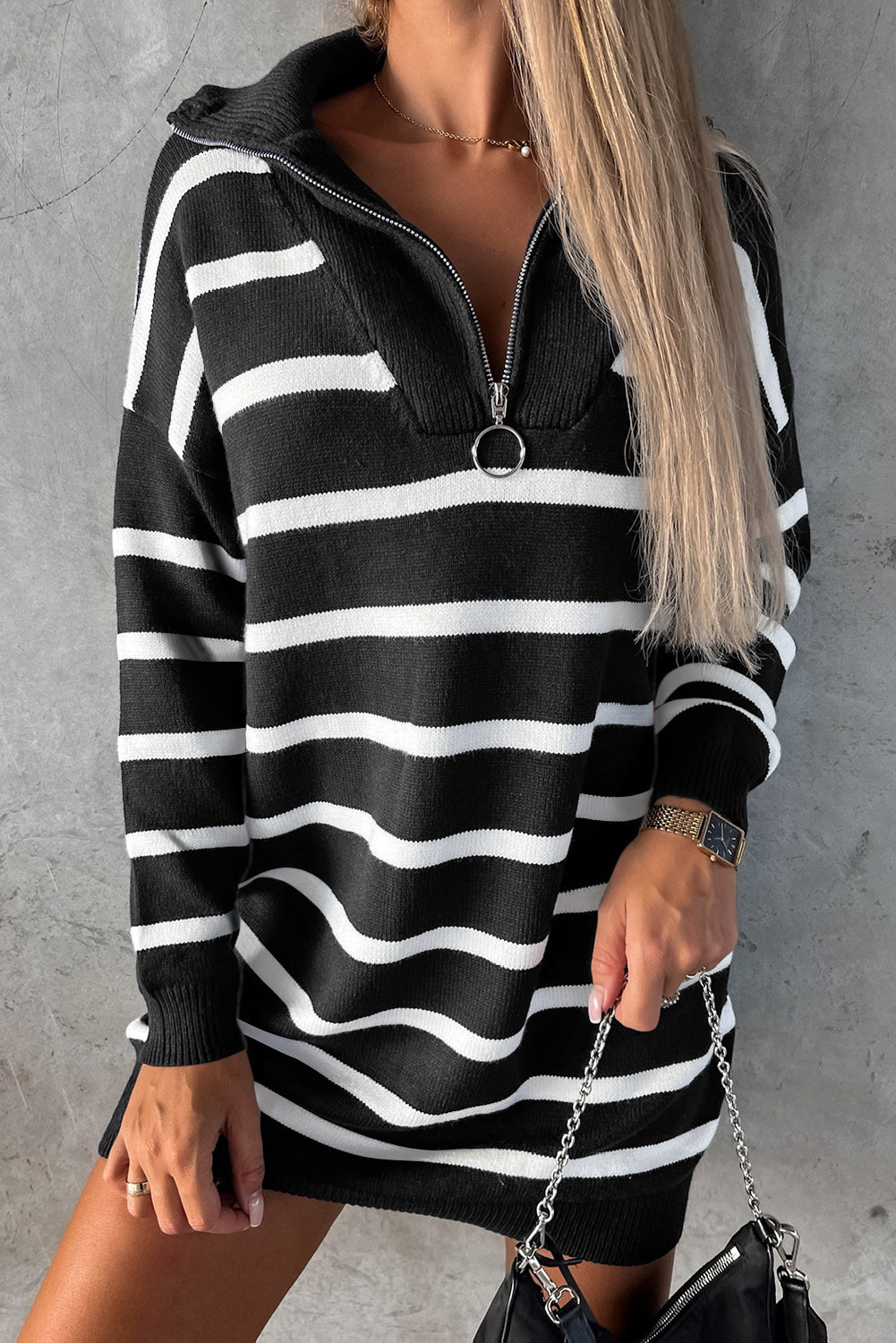Striped O-ring Zip Collared Loose Sweater Mini Dress
