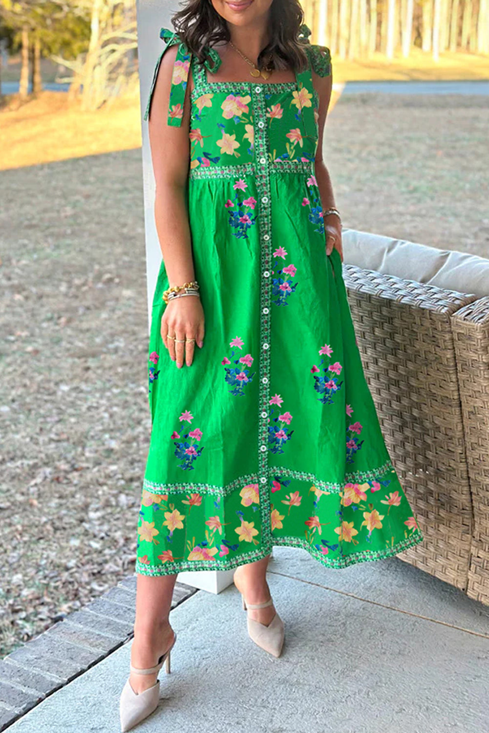Floral Print Contrast Trim Knotted Straps Midi Dress