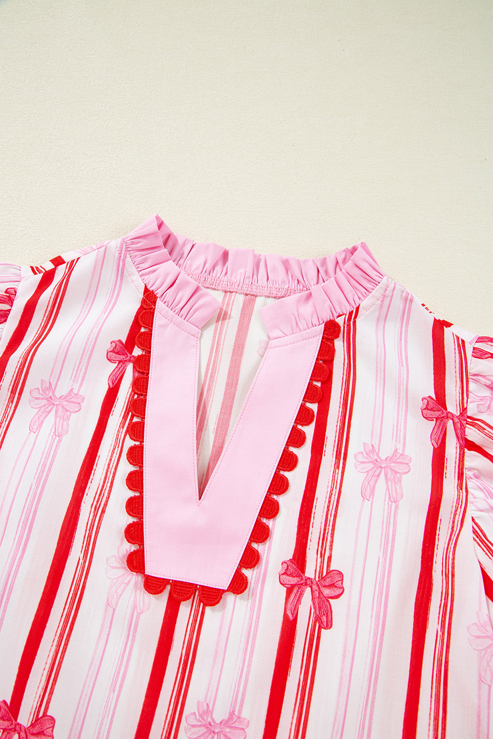 Ric-rac Trim Ruffled Sleeve V Neck Bow Striped Printed Blouse