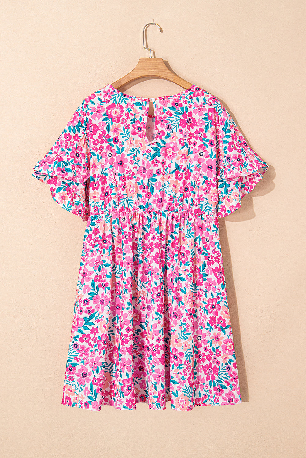 Plus Size Floral Print Frilled Short Sleeve Flare Dress