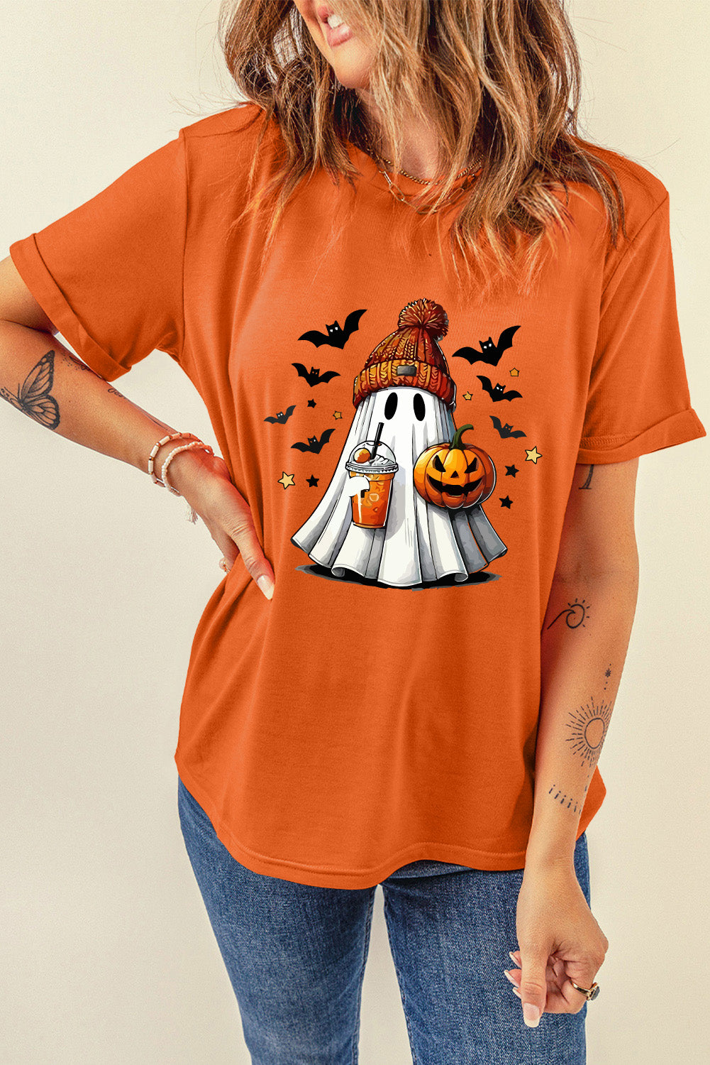 Playful Halloween Ghost Pumpkin Print Womens Casual Tee