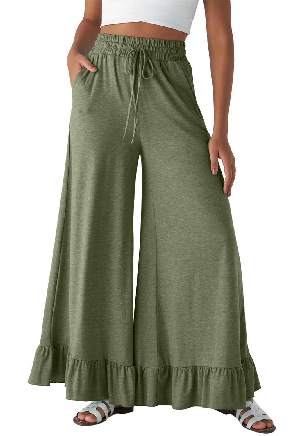 Ruffled Wide Leg Pull On High Waist Pants with Pockets