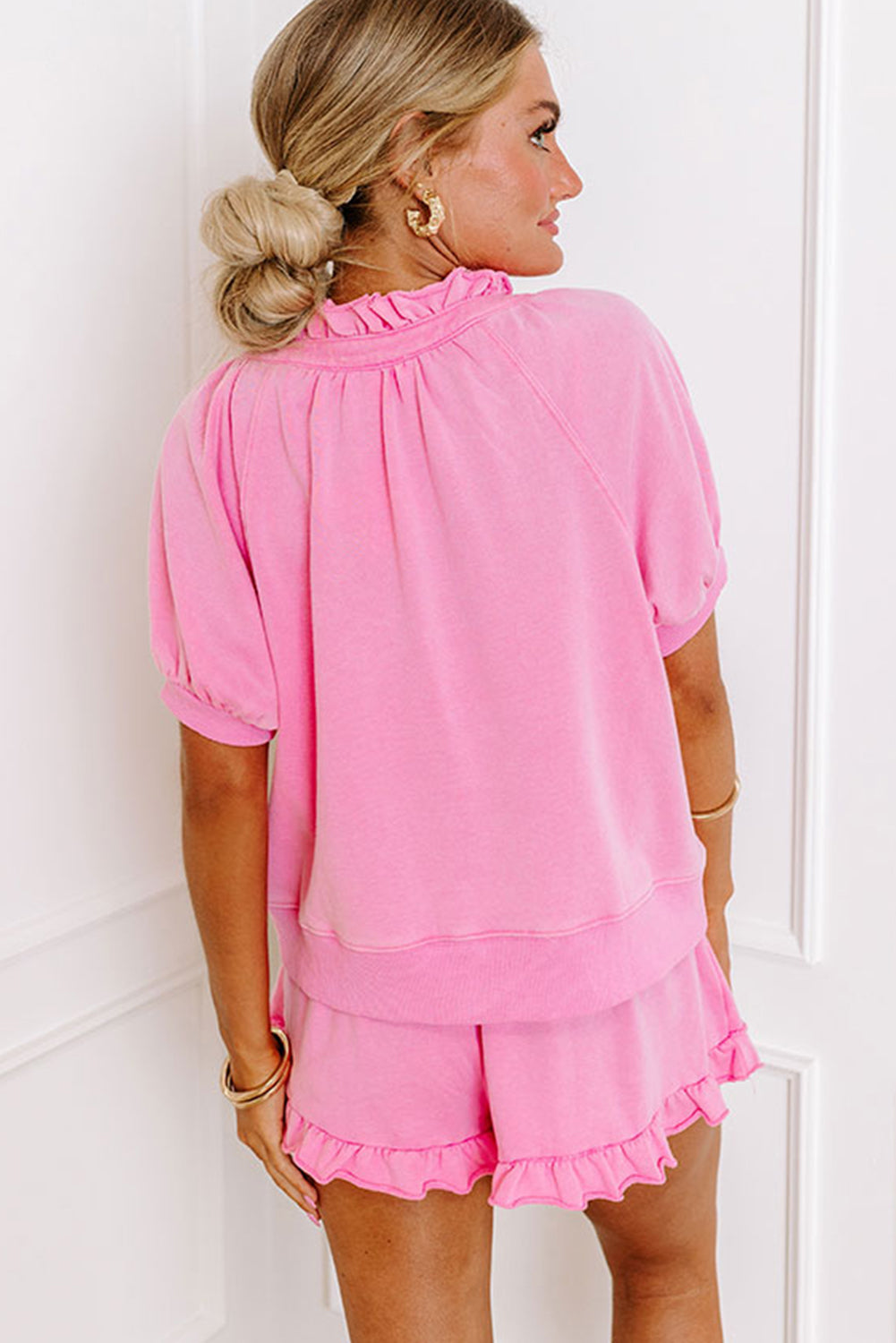 Half Zip Top and Ruffled Shorts Set