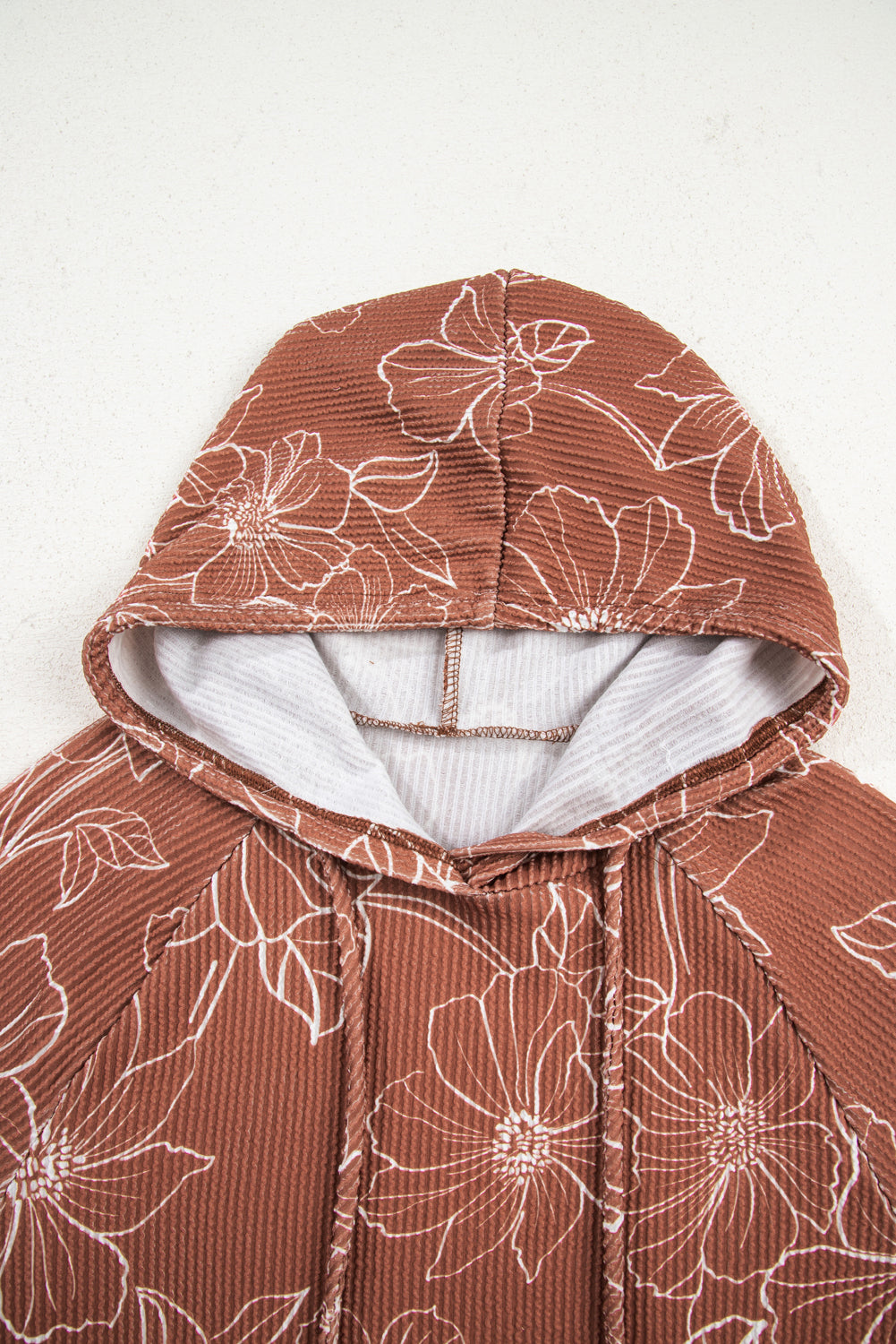 Floral Twisted Rib Drawstring Kangaroo Pocket Hoodie