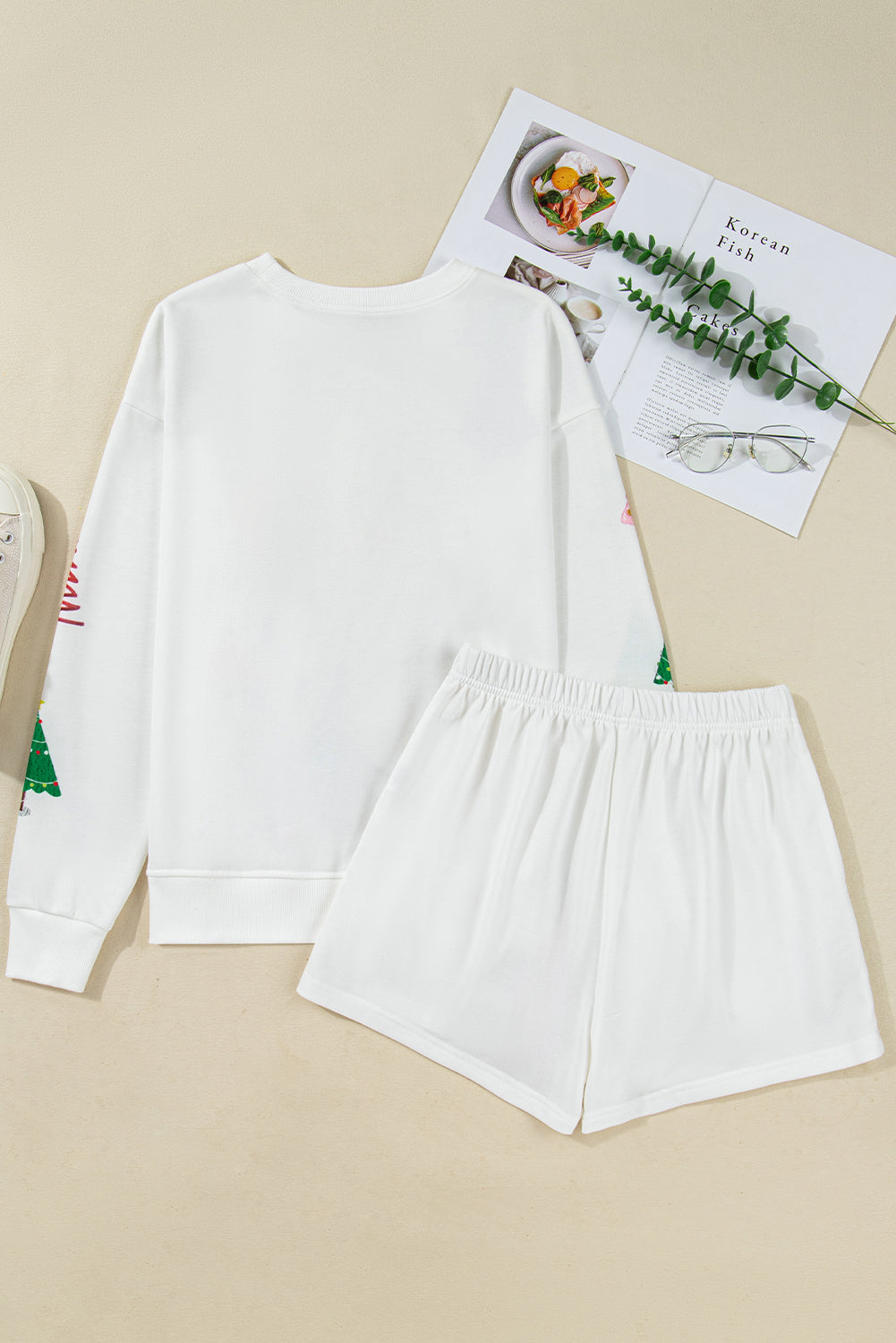 Multi Christmas Tree Long Sleeve Top and Shorts 2pcs Lounge Set