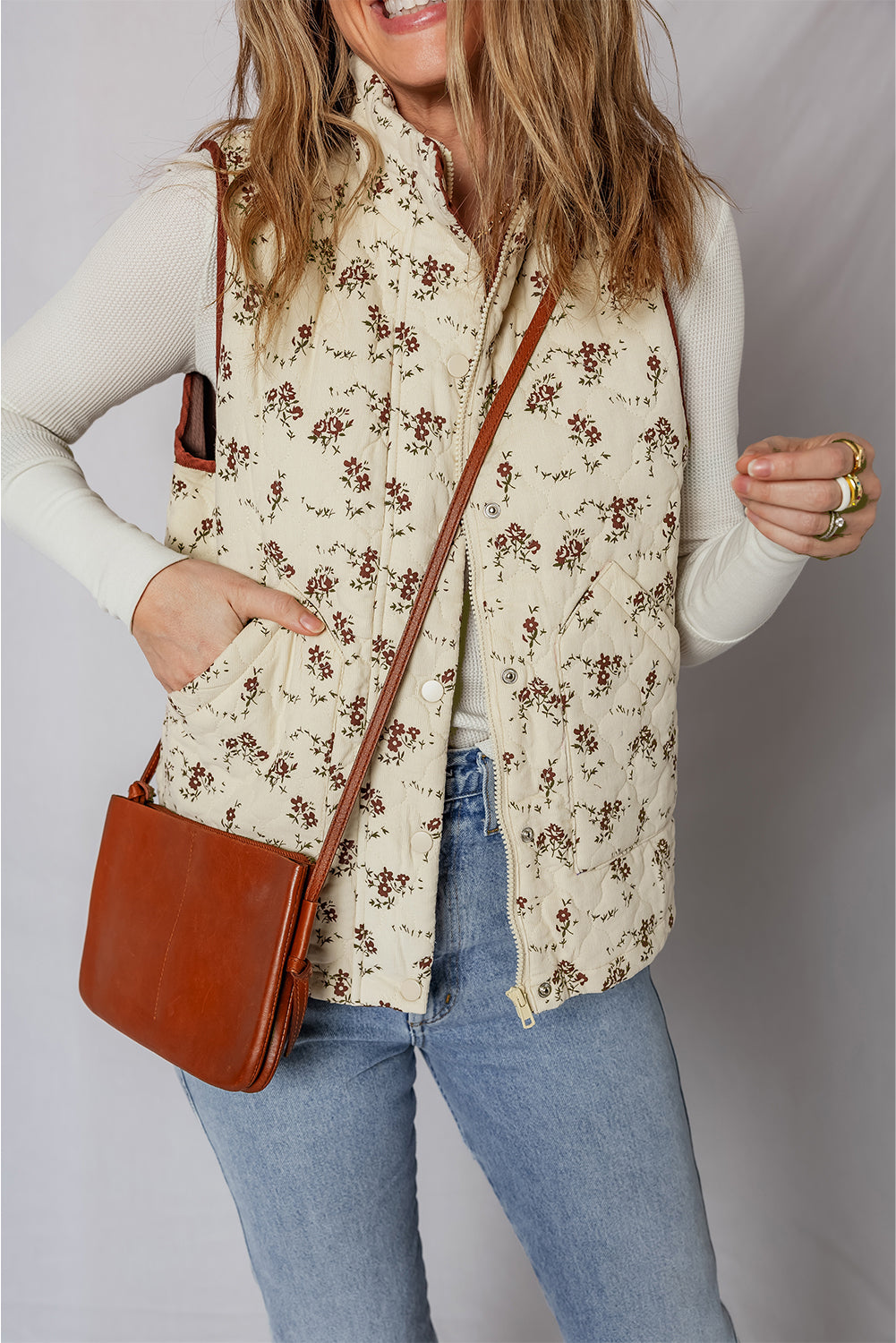 Floral Print Zip Up Quilted Vest