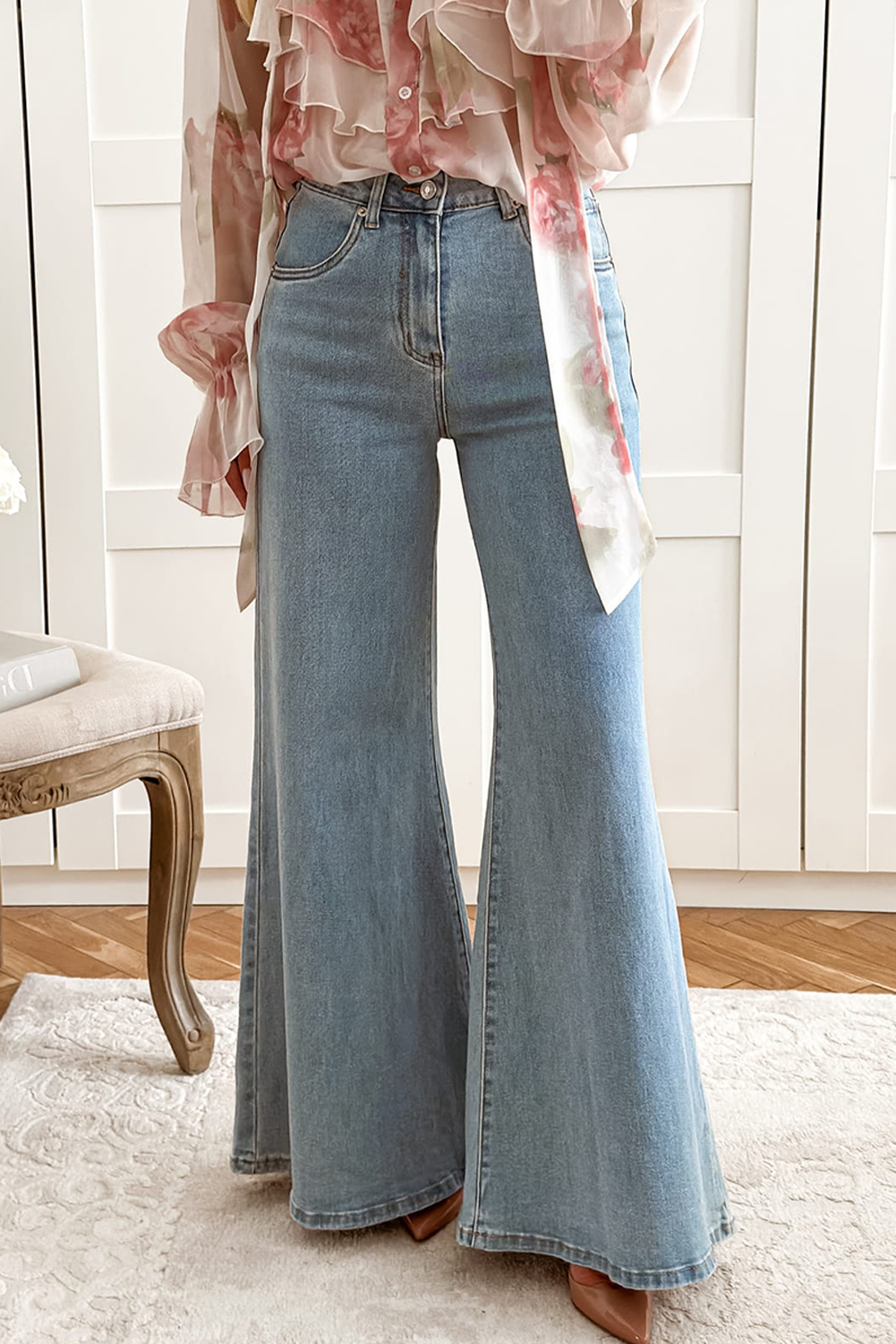 High Waist Button Zip Fly Bell Bottom Jeans