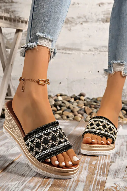 Woven Band PU Leather Wedge Slippers