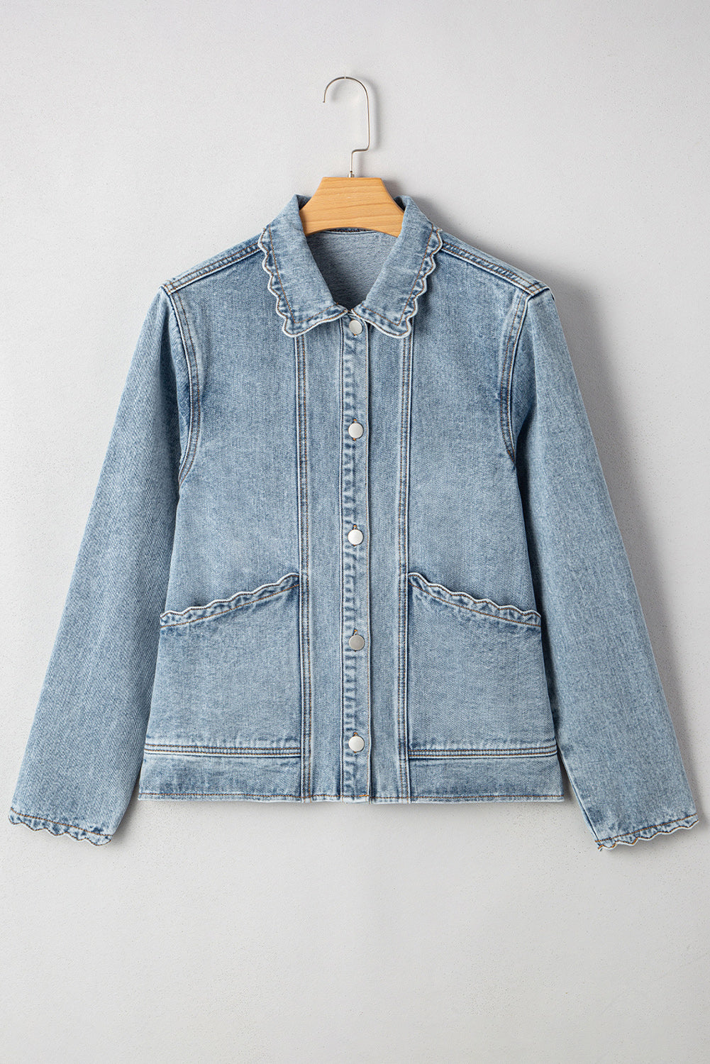 Scallop Trim Collar Patched Pocket Button Up Denim Jacket