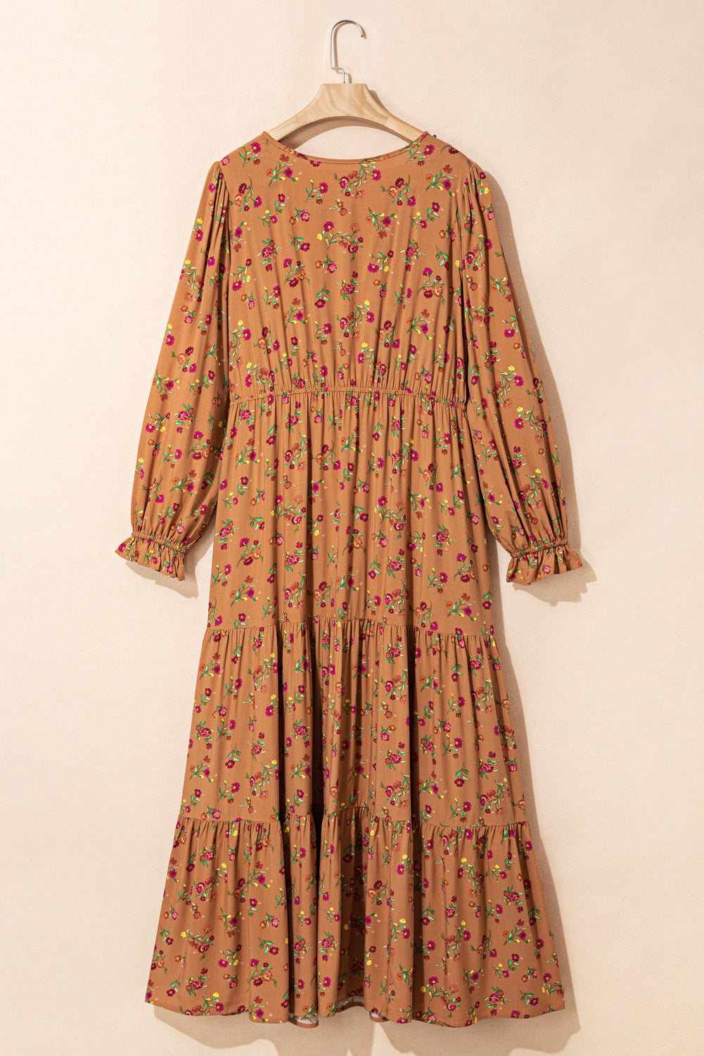 Plus Size Floral Split V Neck Ruffled Sleeve Tiered Maxi Dress