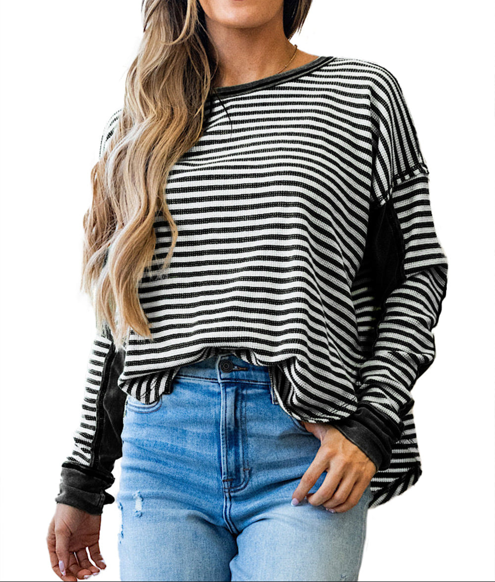 Stripe Thermal Knit Drop Shoulder Casual Top