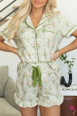 Floral Print Contrast Pipping Short Pajamas Set