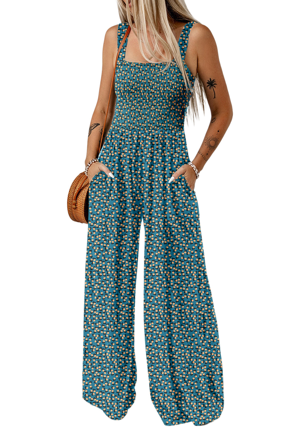 Floral Print Smocked High Waist Square Neck Jumpsuit