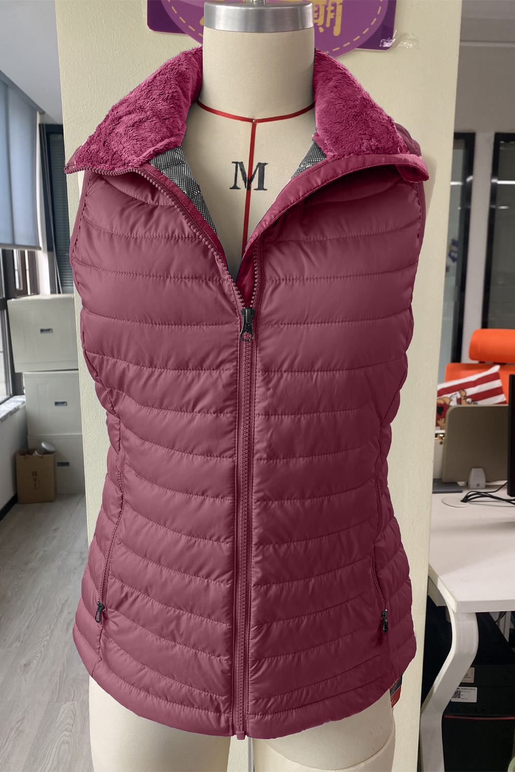 Plush Collared Quilted Zipped Puffer Vest