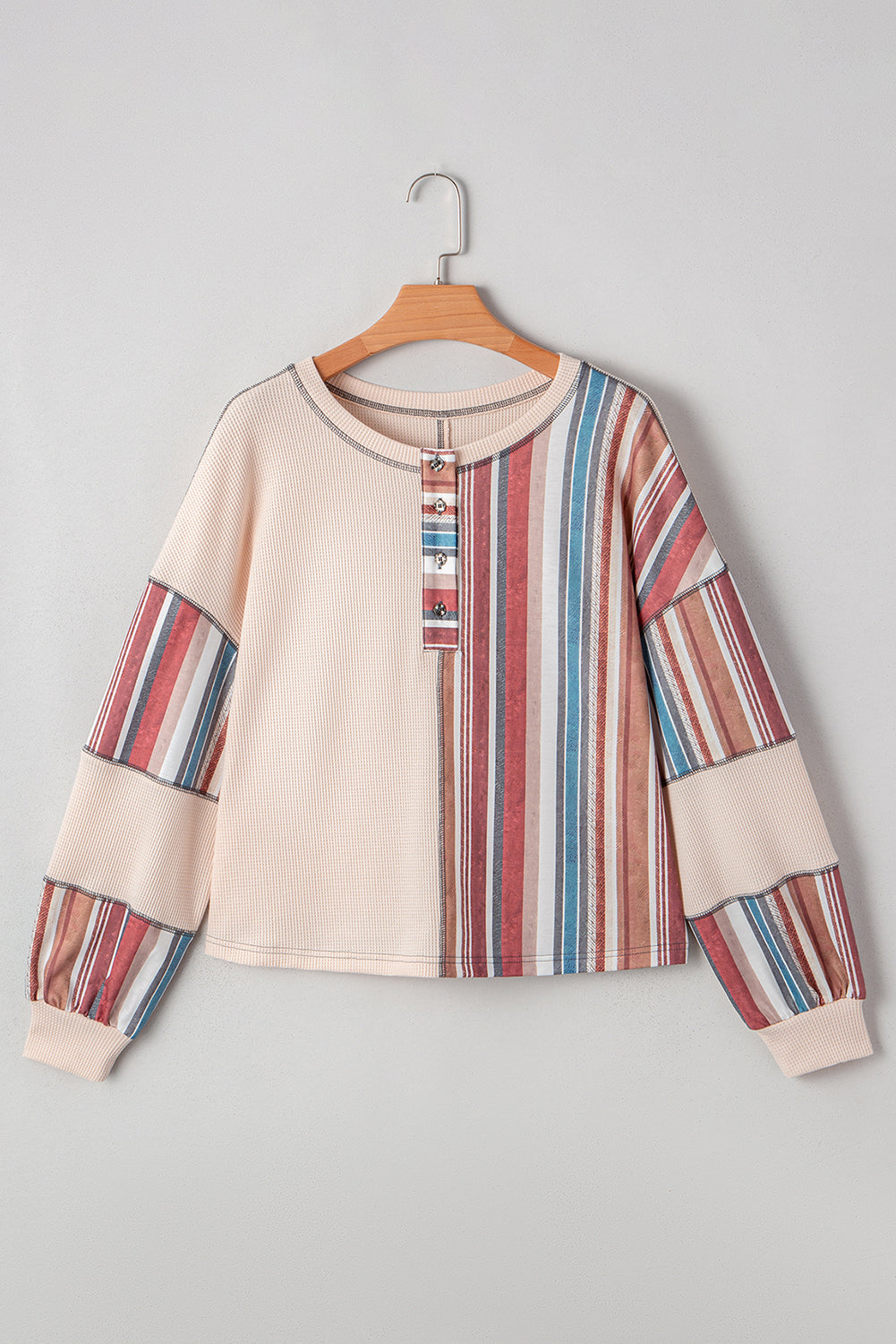 Striped Waffle Patchwork Exposed Seam Raw Edge Casual Knit Top