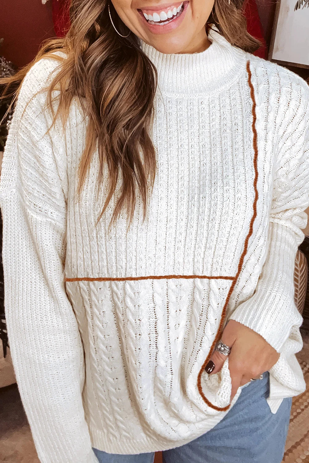 Contrast Stitch Mock Neck Sweater