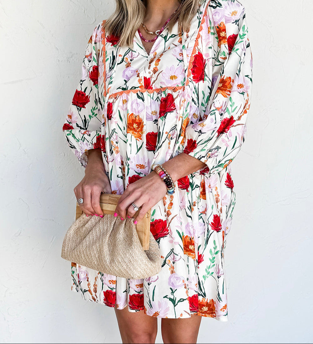Floral Print 3/4 Puff Sleeve Ricrac Trim Mini Dress