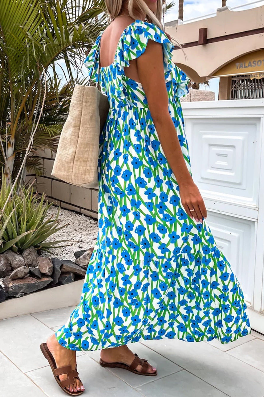 Floral Print Square Neck Ruffled Strap Maxi Dress