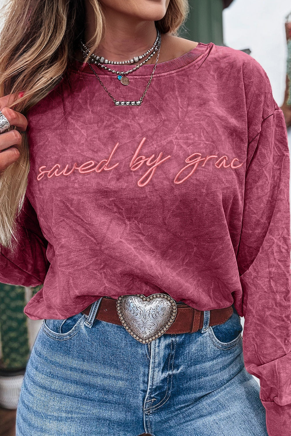 Letter Embroidery Mineral Wash Loose Sweatshirt