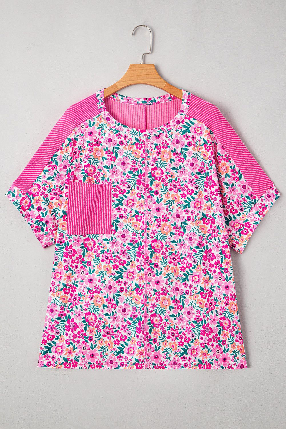 Plus Size Floral Print Corded Patchwork Loose Top