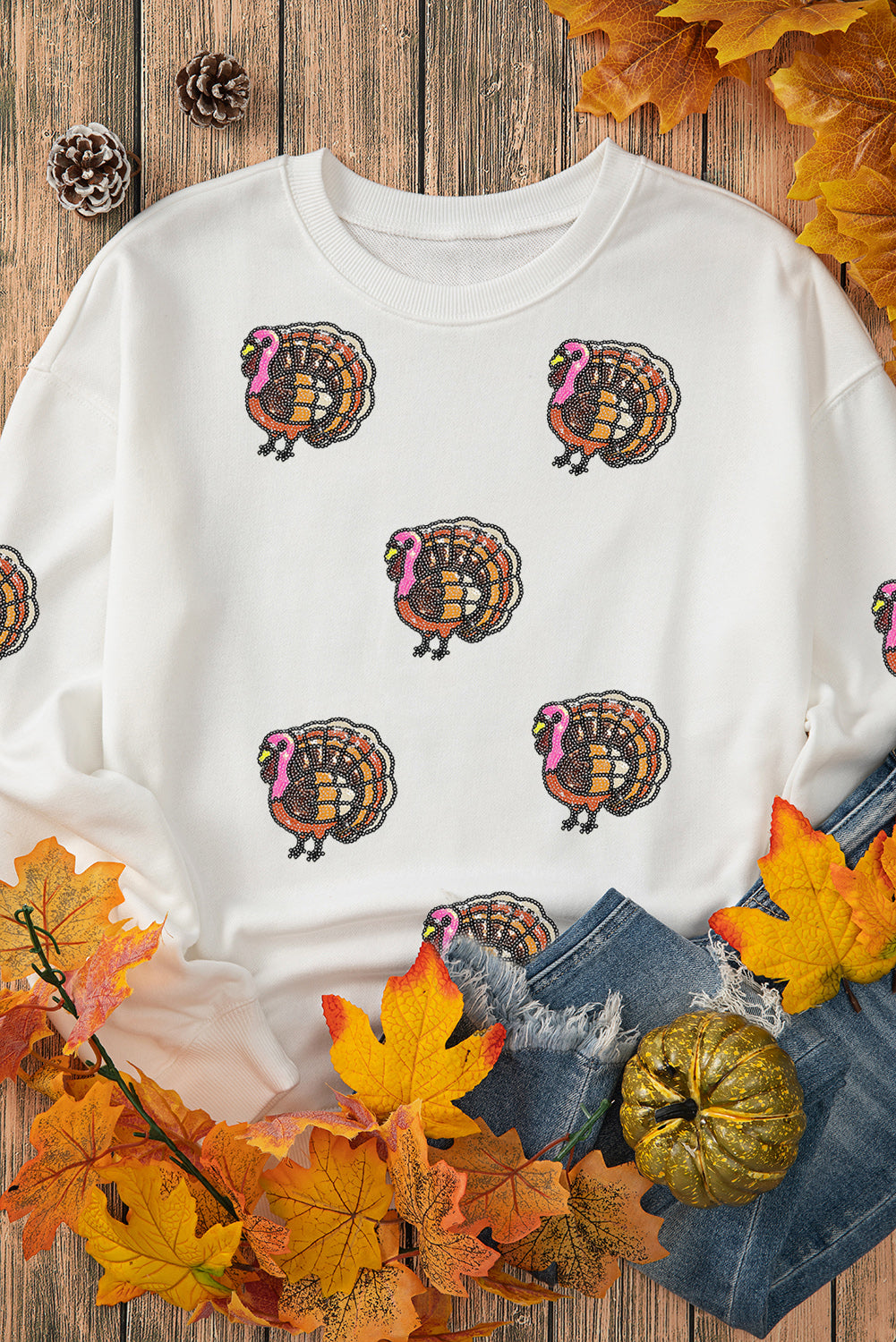 Thanksgiving Turkey Sequin Patched Pullover Sweatshirt