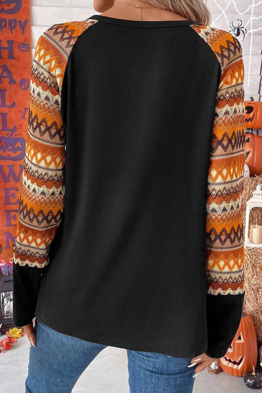 Leopard Pumpkin Patched Contrast Long Sleeve Top