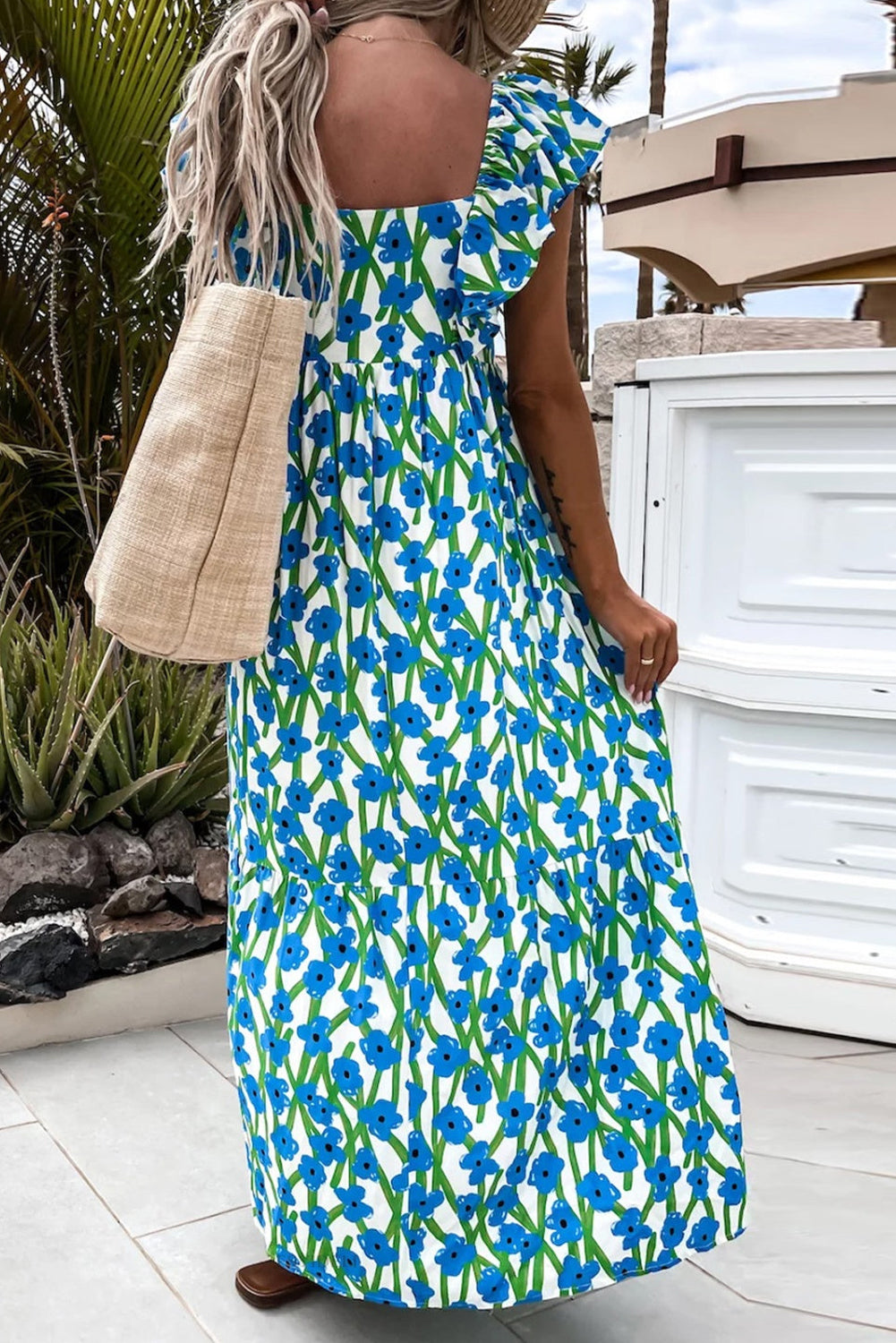 Floral Print Square Neck Ruffled Strap Maxi Dress