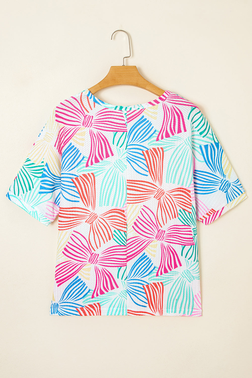 Printed Waffle Crewneck Loose Short Sleeve Top