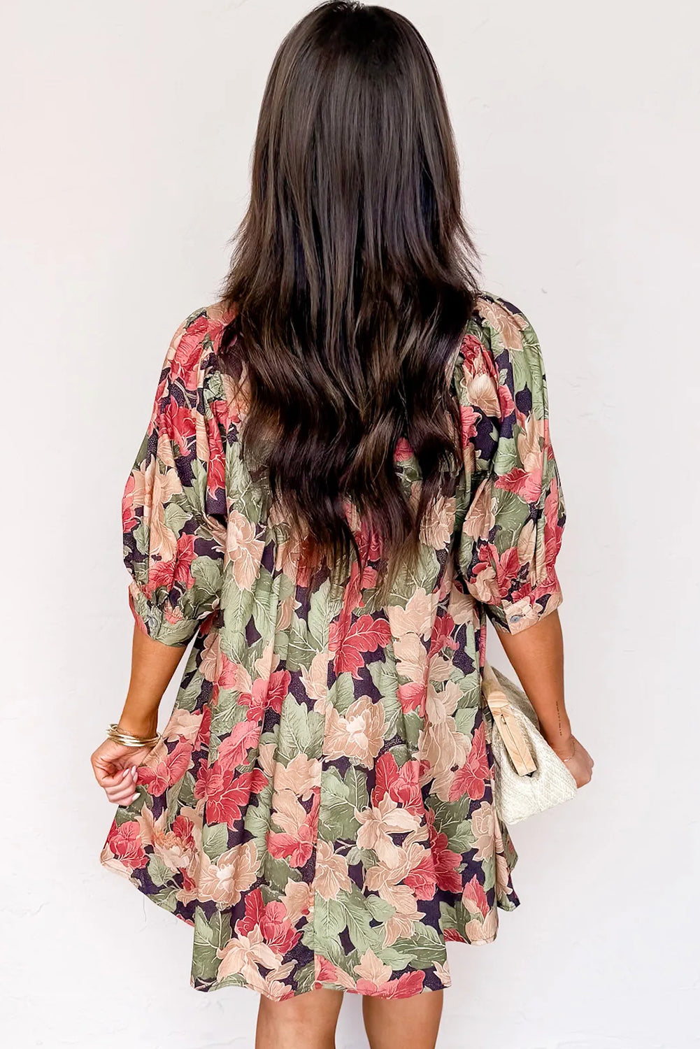 Floral Print Frilled Collar V Neck Half Sleeve Mini Dress