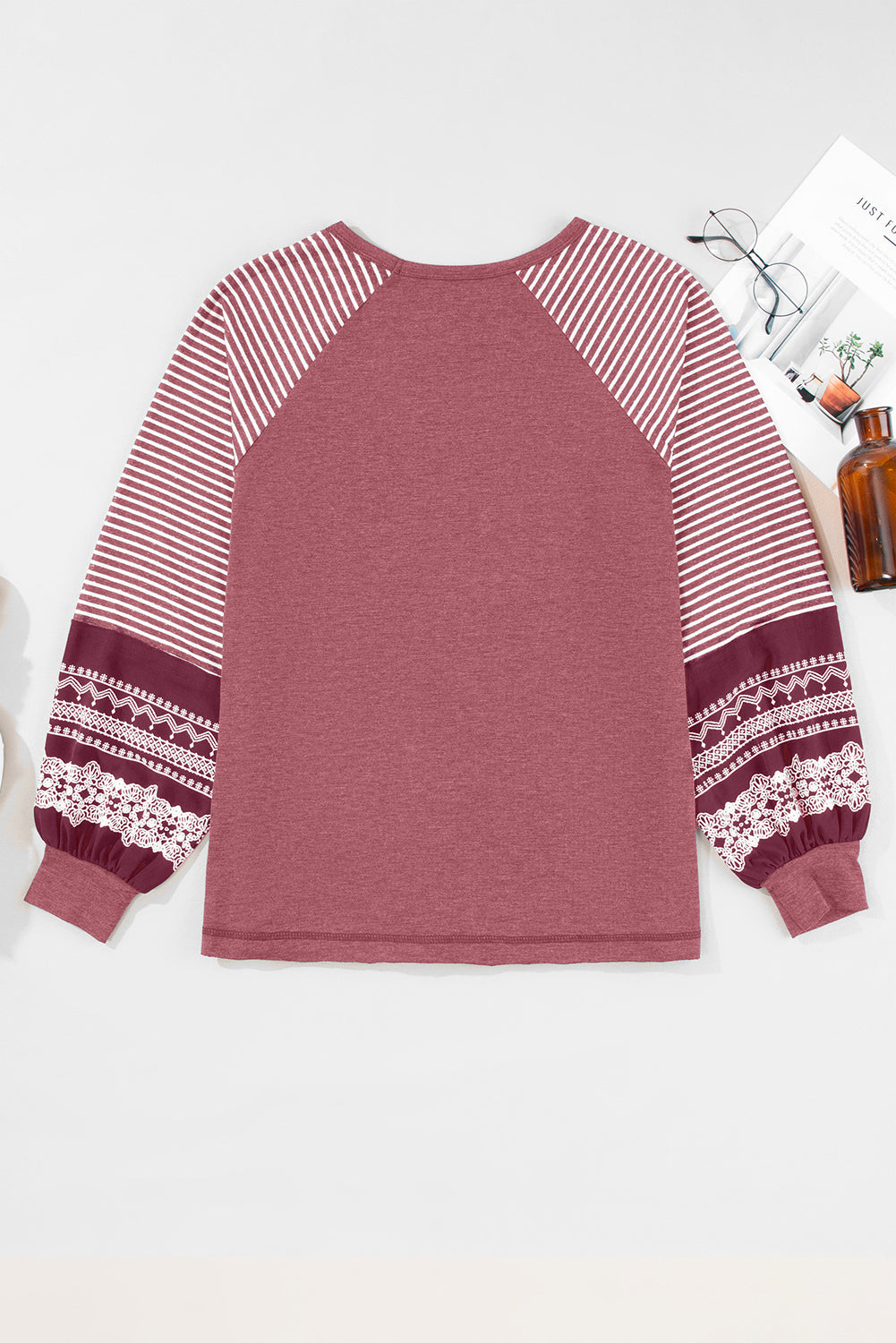 Contrast Print Striped Raglan Long Sleeve Loose Top
